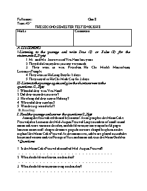 Đề kiểm tra một tiết học kỳ I Tiếng anh lớp 8